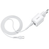 Adaptor si Cablu, Hoco, 2xUSB + Type C, 2,4A, Alb