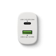 Încărcător de perete cu încărcare rapidă 25W PD (USB C)+QC 3.0 (USB A), alb