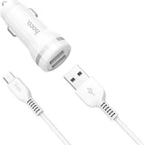 Incarcator Masina + Cablu, Hoco, Micro-USB la 2X USB, 2.4A, Alb